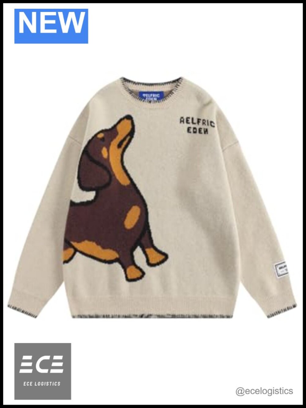 Oversized Dachshund Jacquard Knit Pullover Sweater Crewneck Long Sleeve
